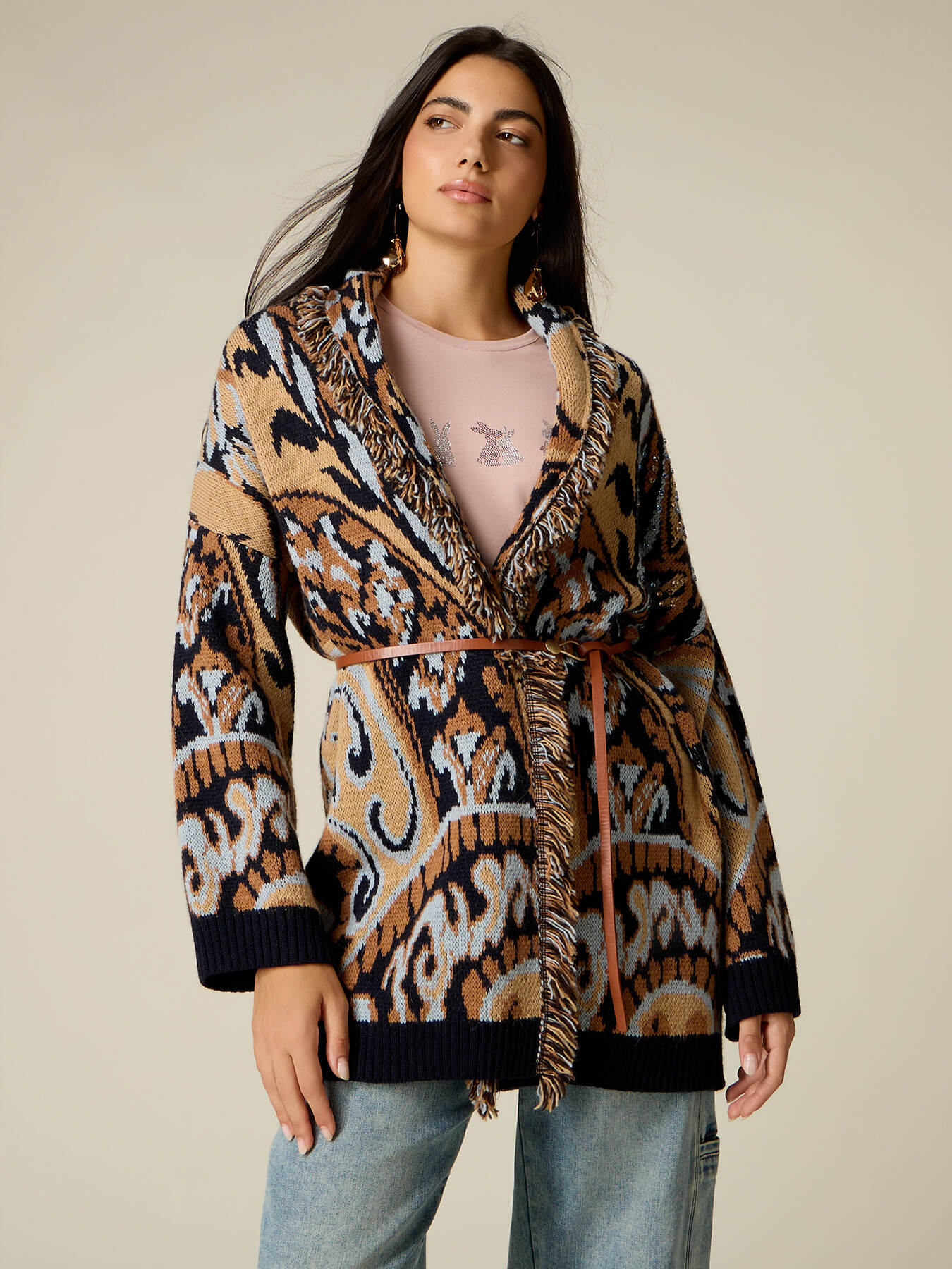 Cardigan long en m&eacute;lange de laine avec franges et cristaux image number 0