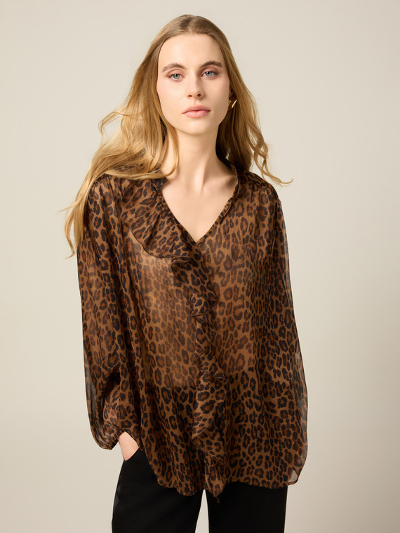 Animal print blouse with ruffles