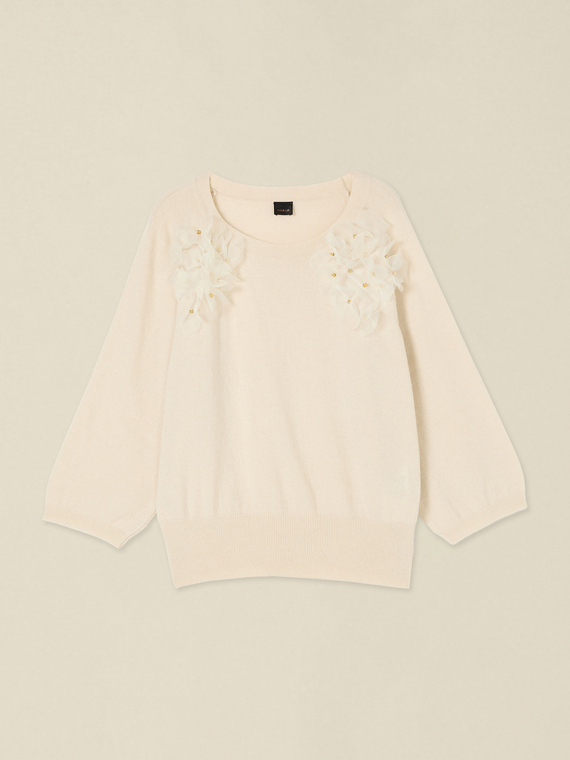 Cashmere blend sweater with floral appliqu&eacute;s