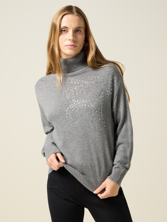 Jersey de cuello alto mezcla de cachemir con strass
