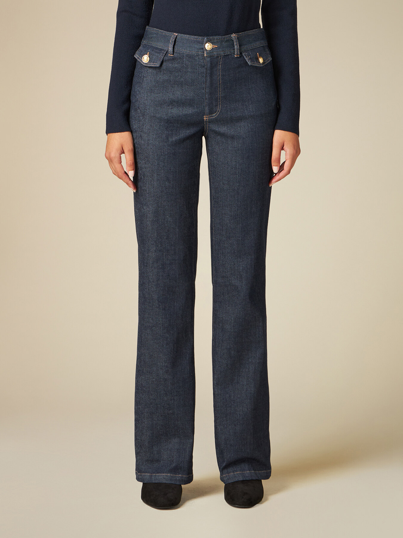 Blue rinse flared jeans with turn-up and army buttons image number 3
