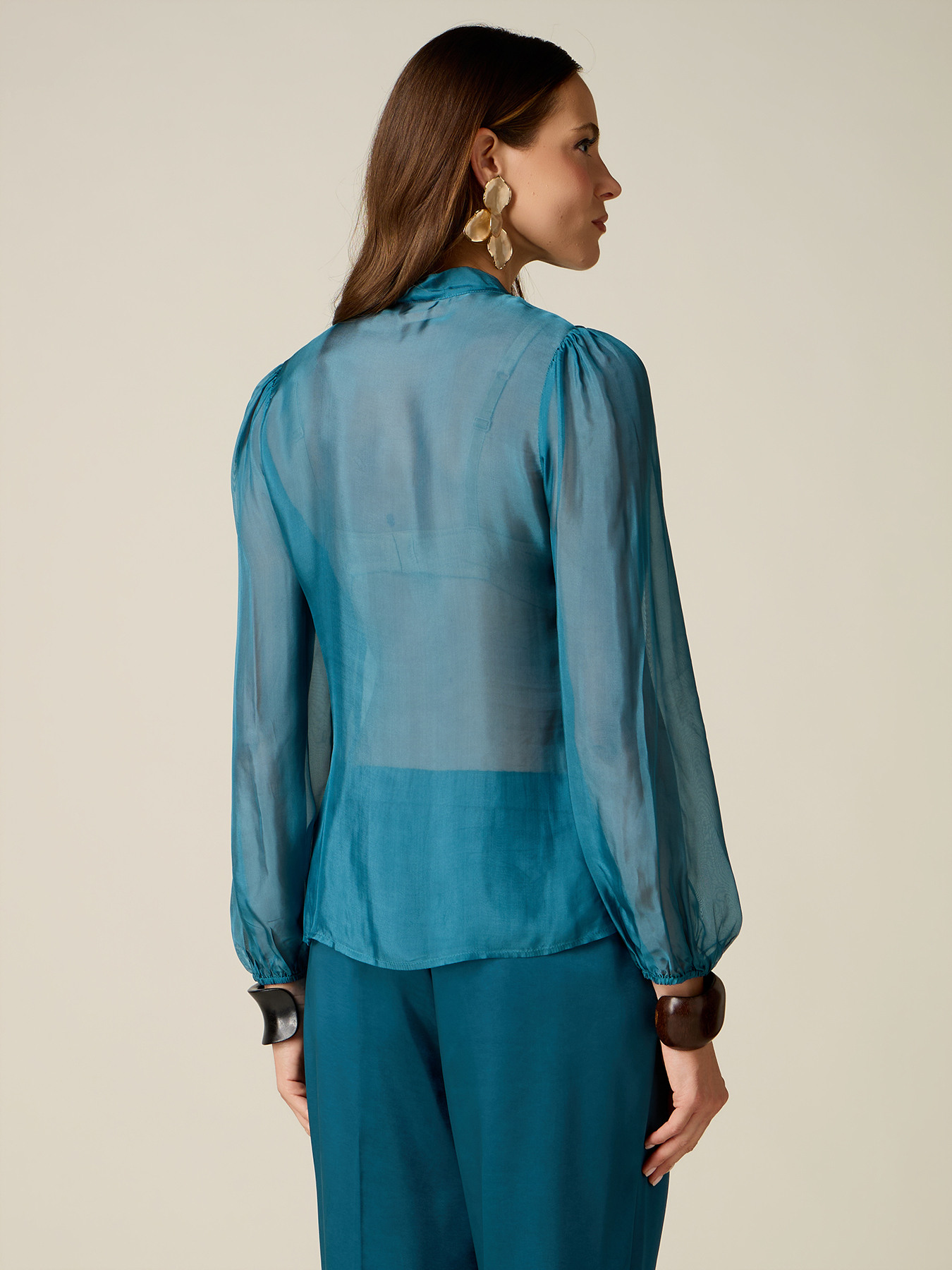 Mixed silk voile shirt with bow image number 1