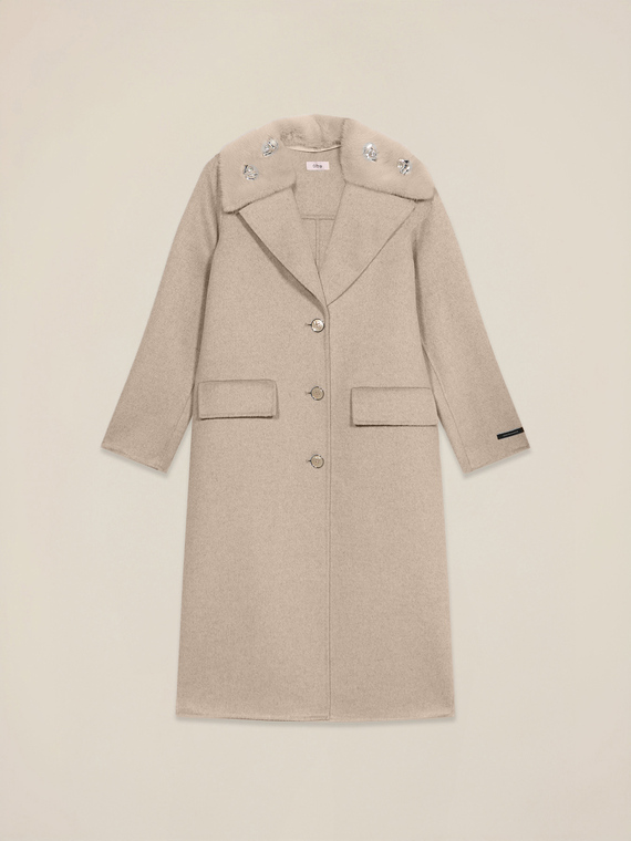 Long wool-blend coat with stone embellishments