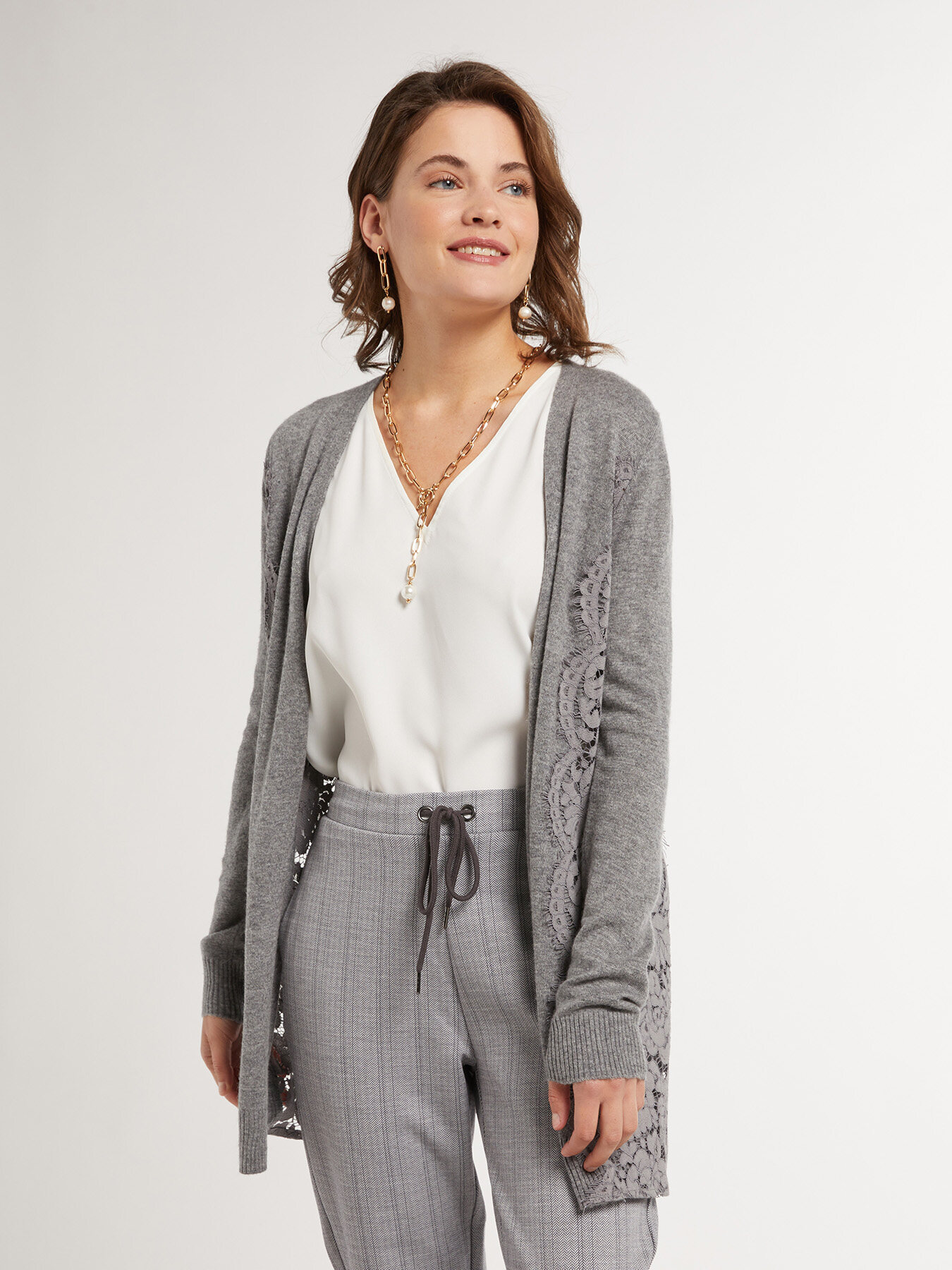 Cardigan misto cashmere con pizzo image number 2