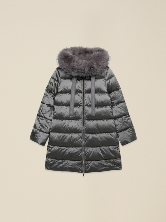 Midi down jacket with hood and furry trim