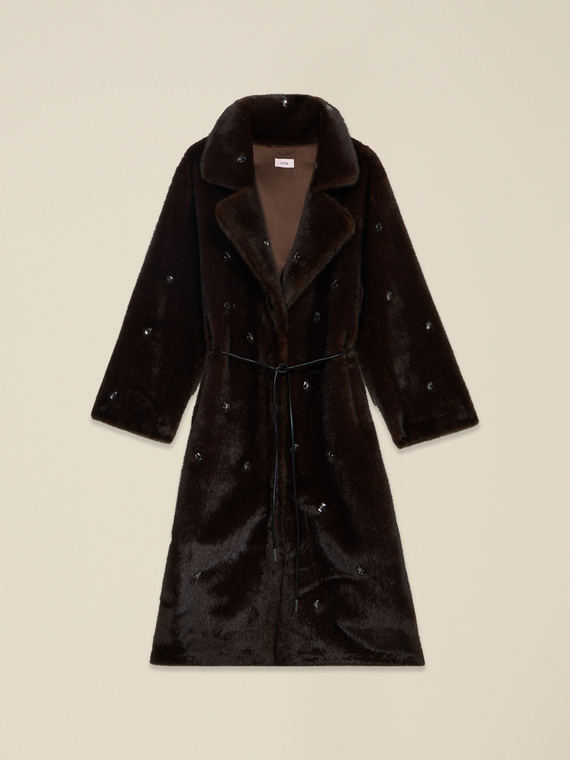 Long faux fur coat with eyelets