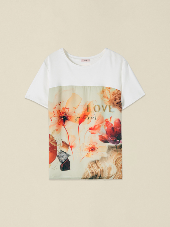 T-Shirt mit bedrucktem Satin-Einsatz