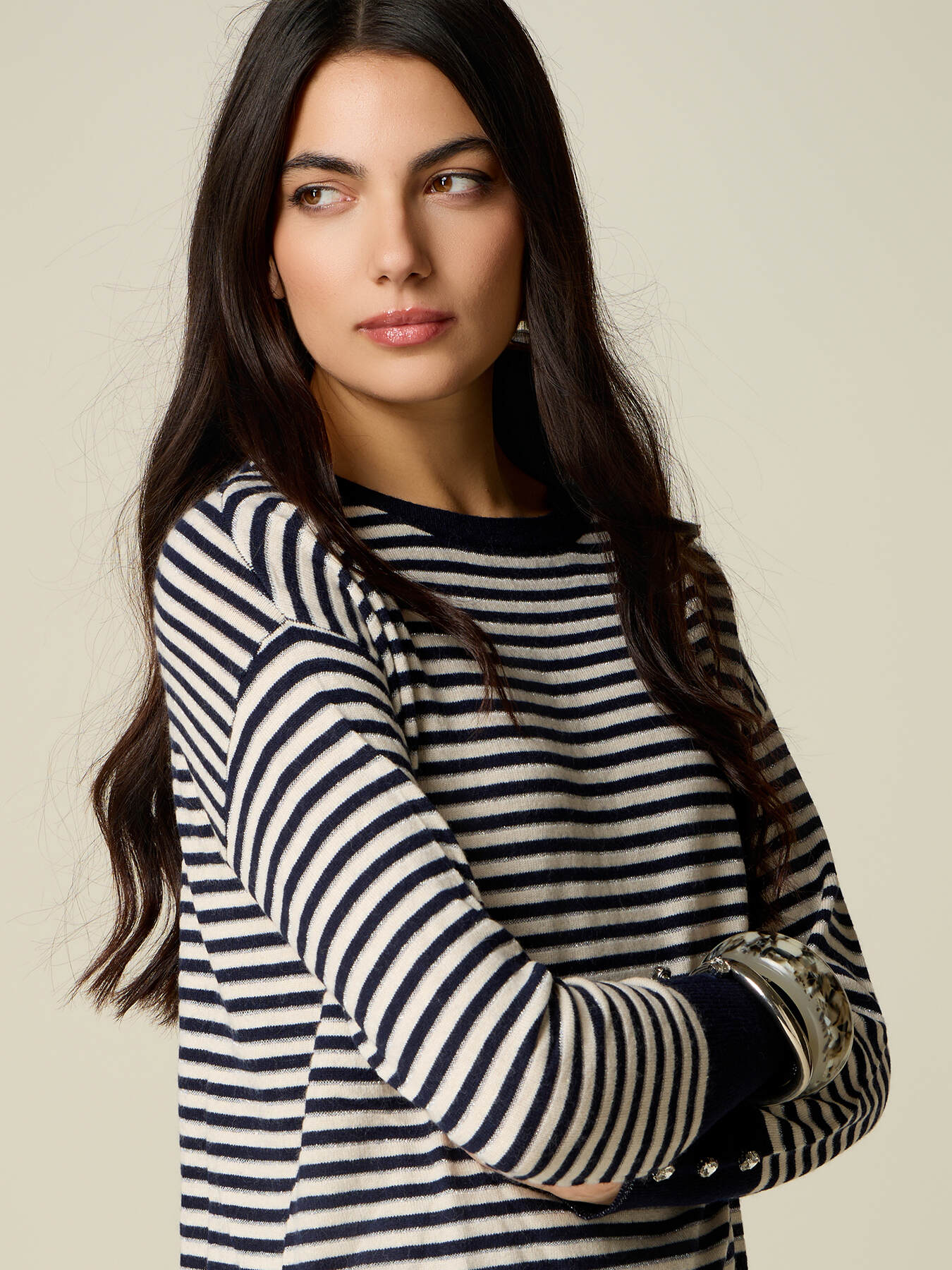 Striped cashmere-blend sweater with jewel buttons image number 2