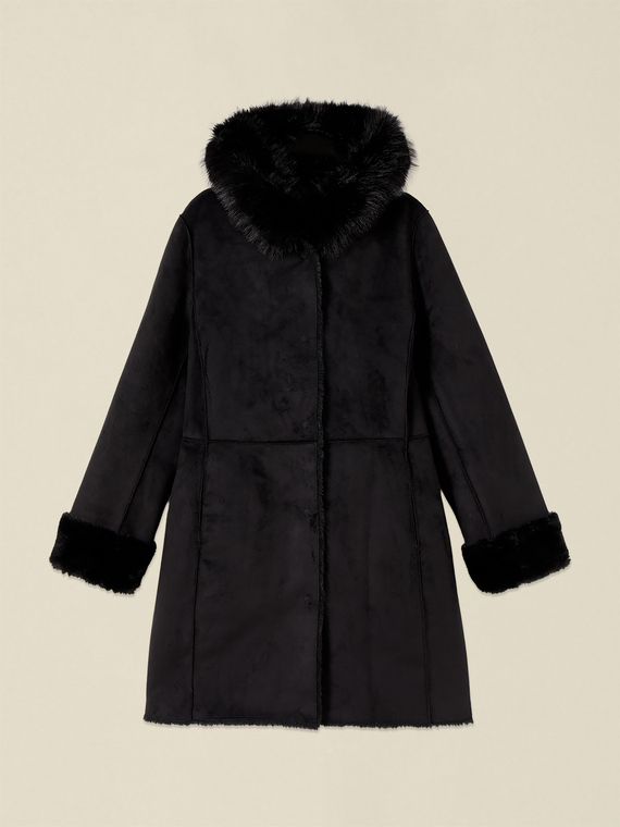 Shearling-effect hooded coat