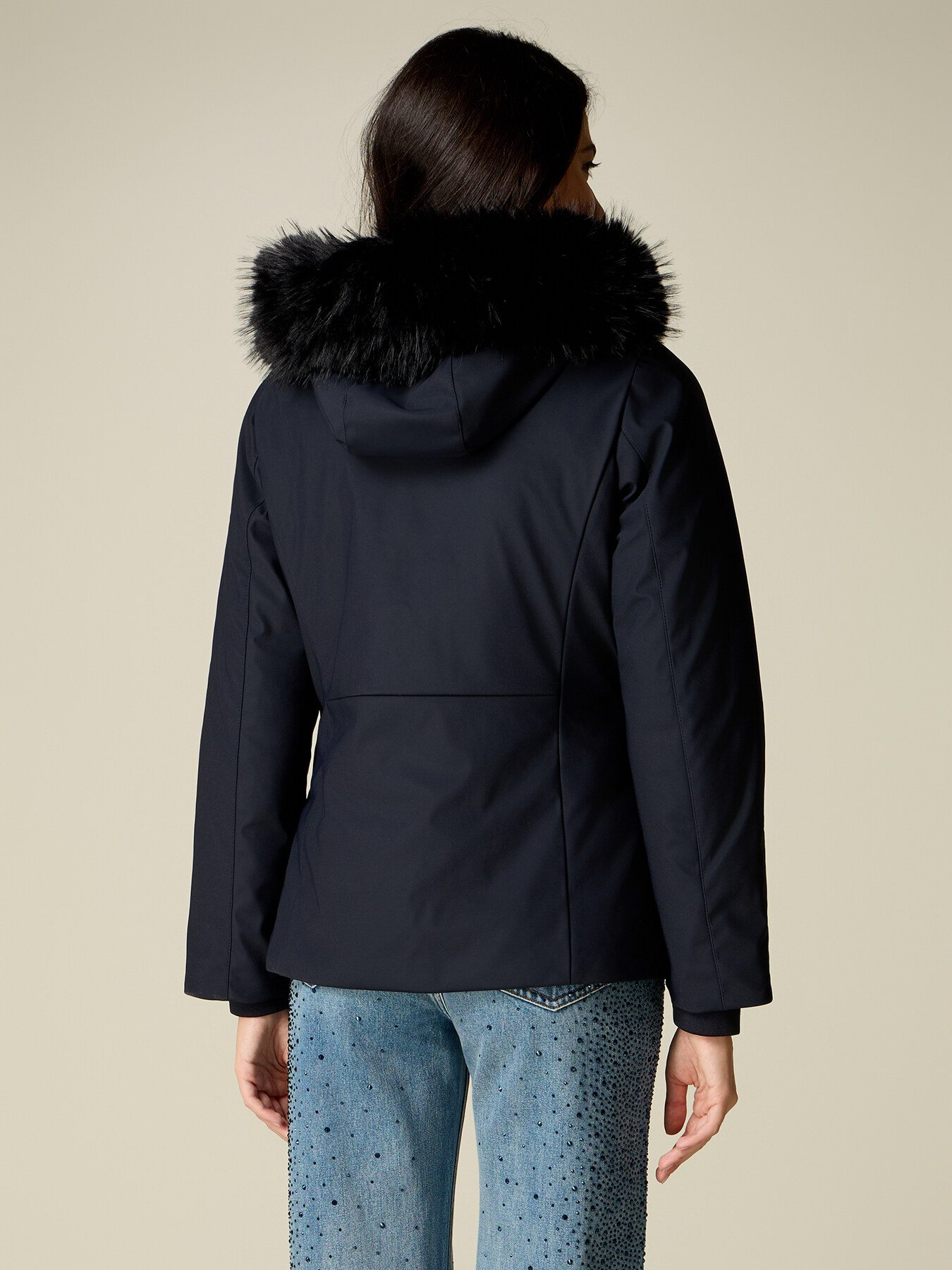 Smooth down jacket with hood and faux fur trim image number 1