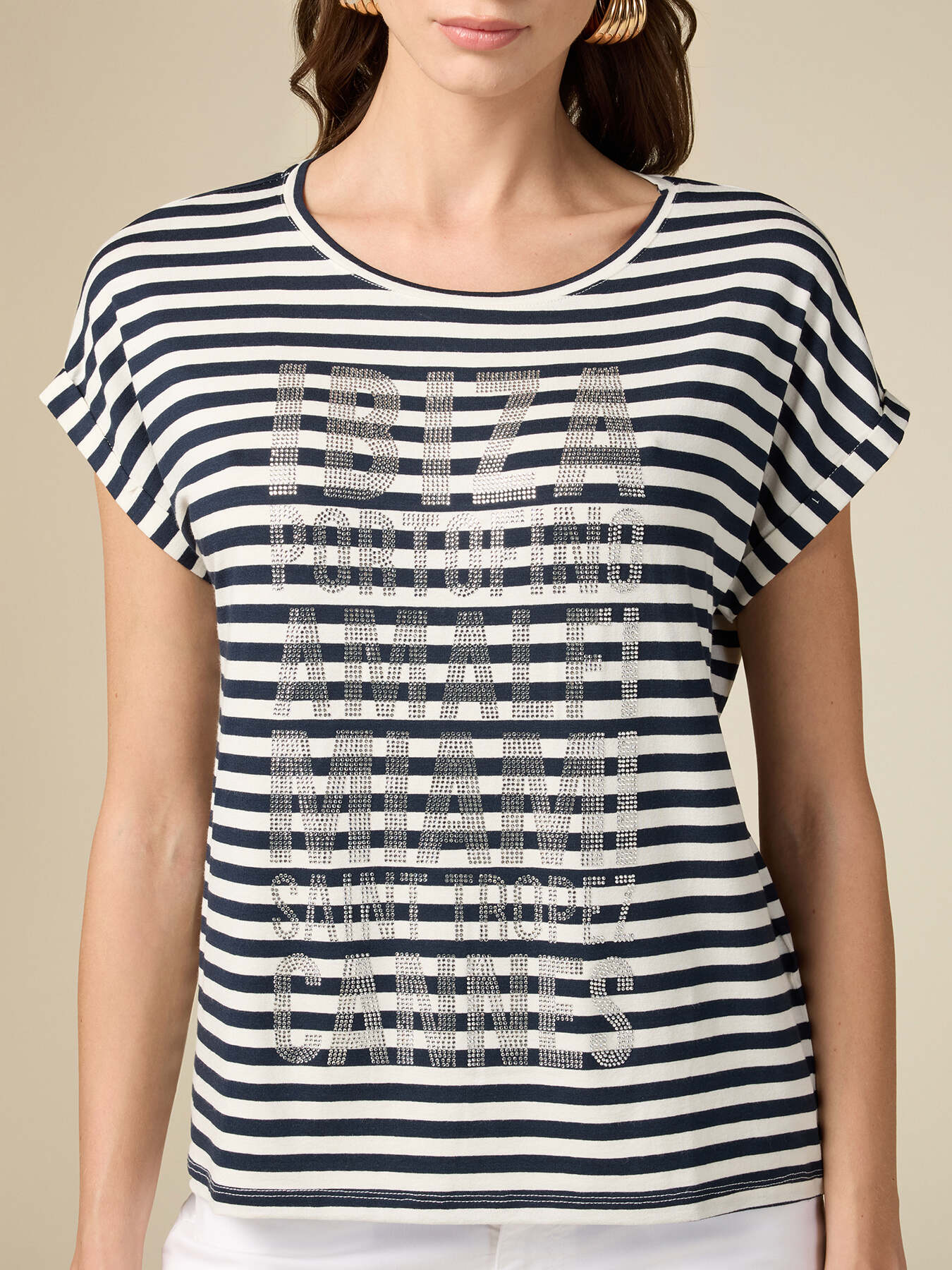 Gestreiftes T-Shirt mit Kristallen image number 2