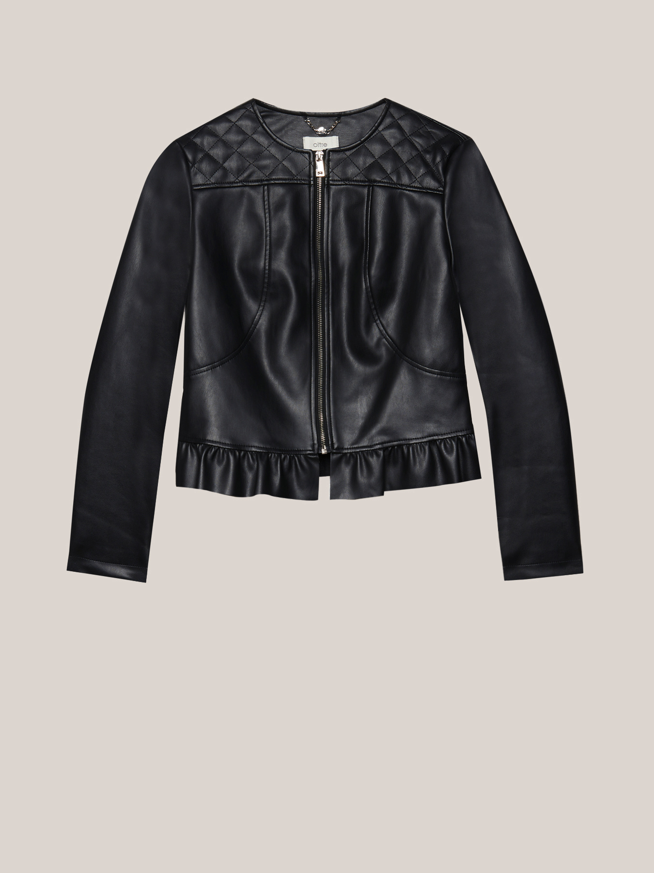 Short leather-effect jacket with ruffle image number 3