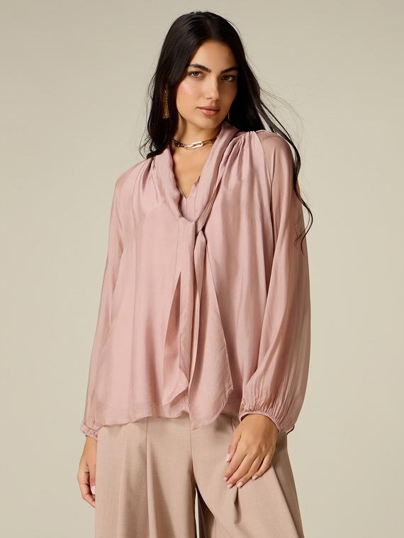 Mixed silk voile blouse with bow