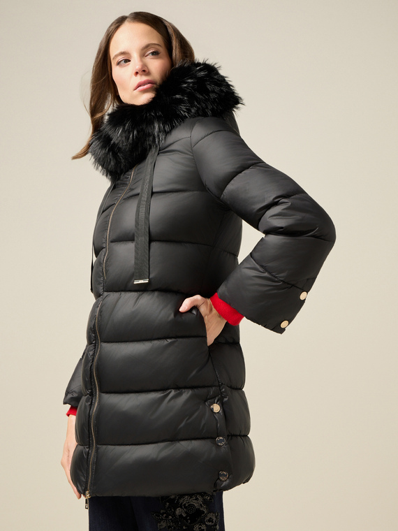 Midi down jacket with hood and furry trim