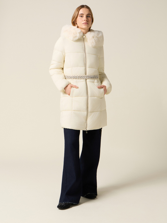 Midi down jacket with jewel belt