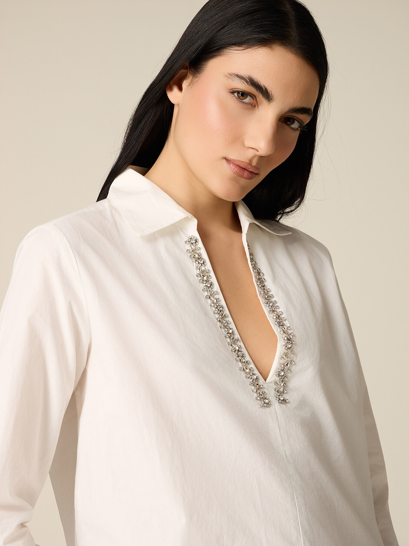 Blusa in cotone con cristalli image number 2