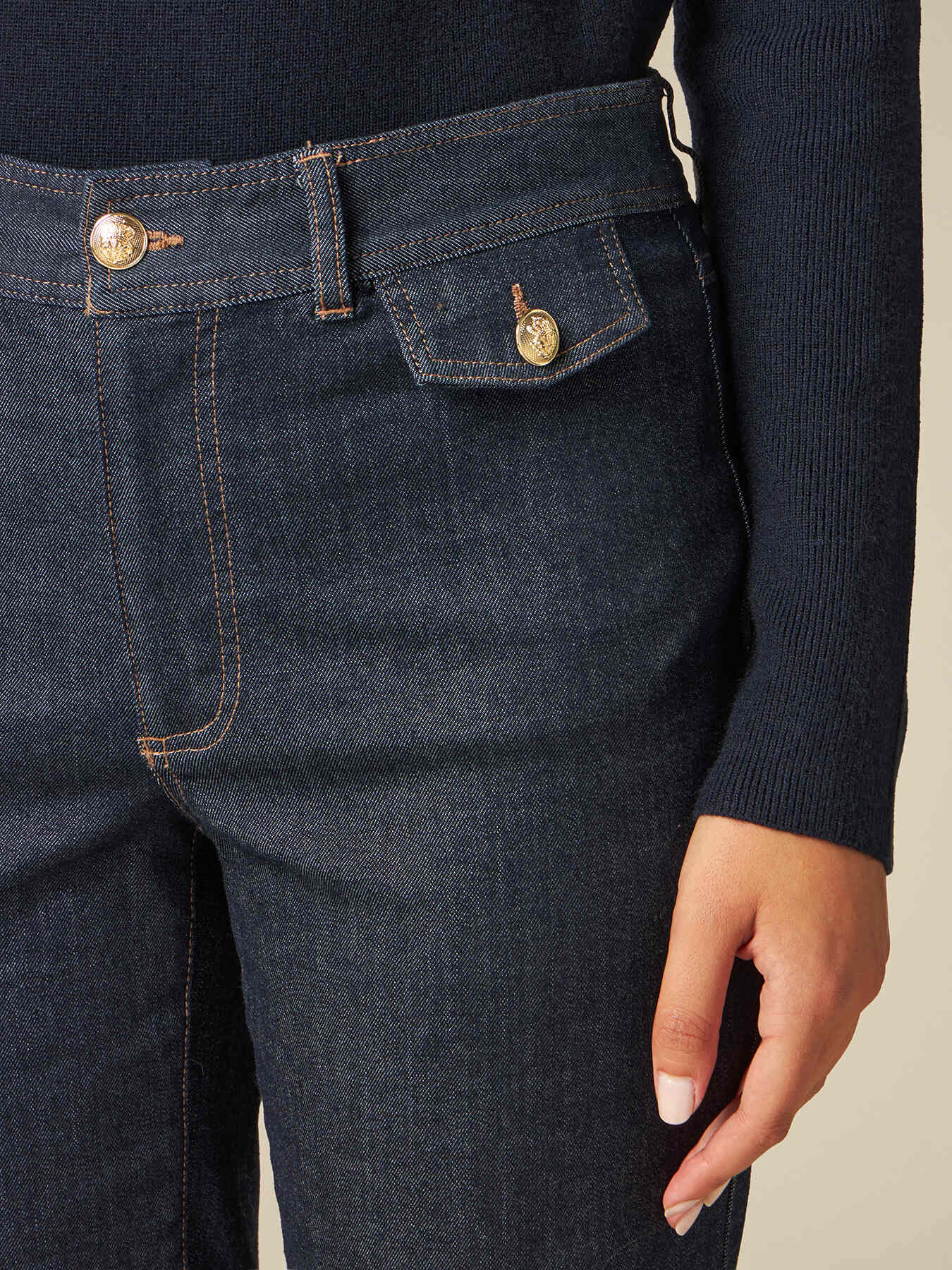 Blue rinse flared jeans with turn-up and army buttons image number 2