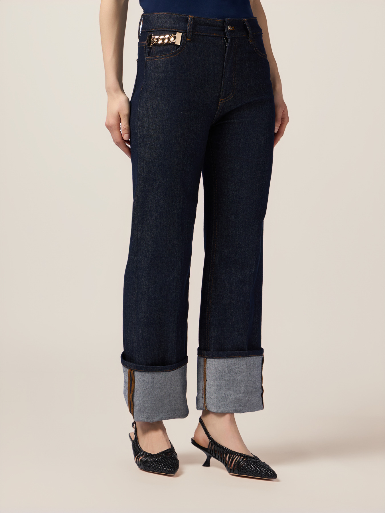 Wide-leg denim jeans with jeweled buckle image number 3