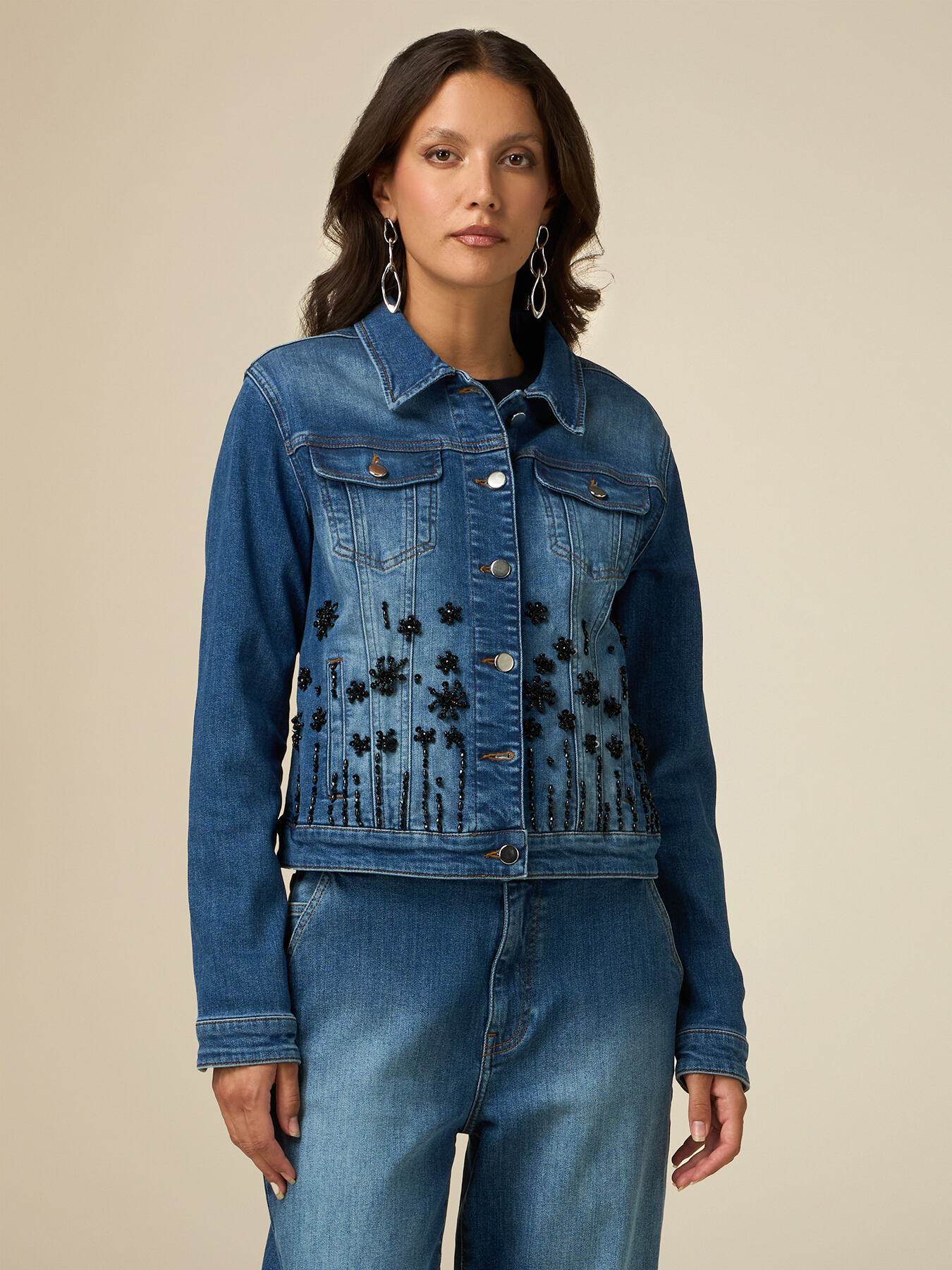 Denim trucker jacket with jewel embroidery image number 0