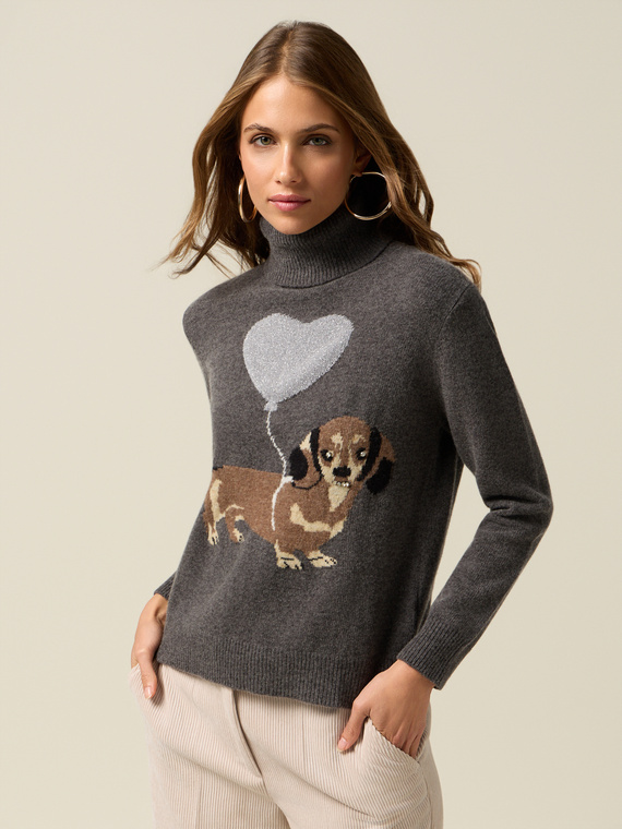 Pulover cu gât înalt din amestec de lână cu broderie și aplicații