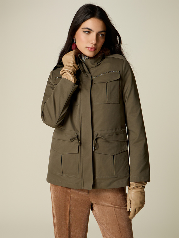 Studded parka in cotton blend drill