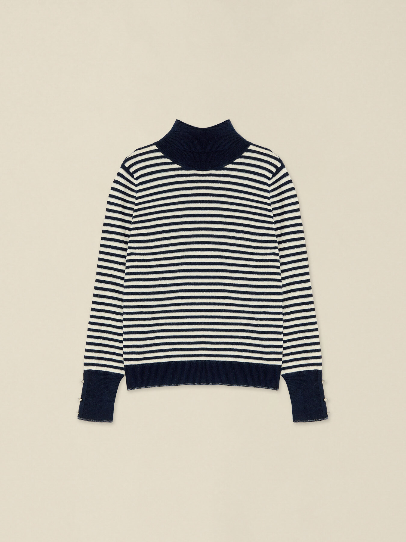 Rollkragenpullover mit Streifenmuster aus Cashmere-Mix mit Juwelenkn&ouml;pfen image number 3
