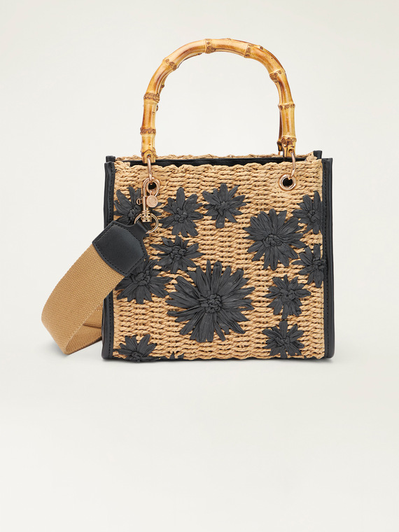 Mini tote bag in raffia with embroidery