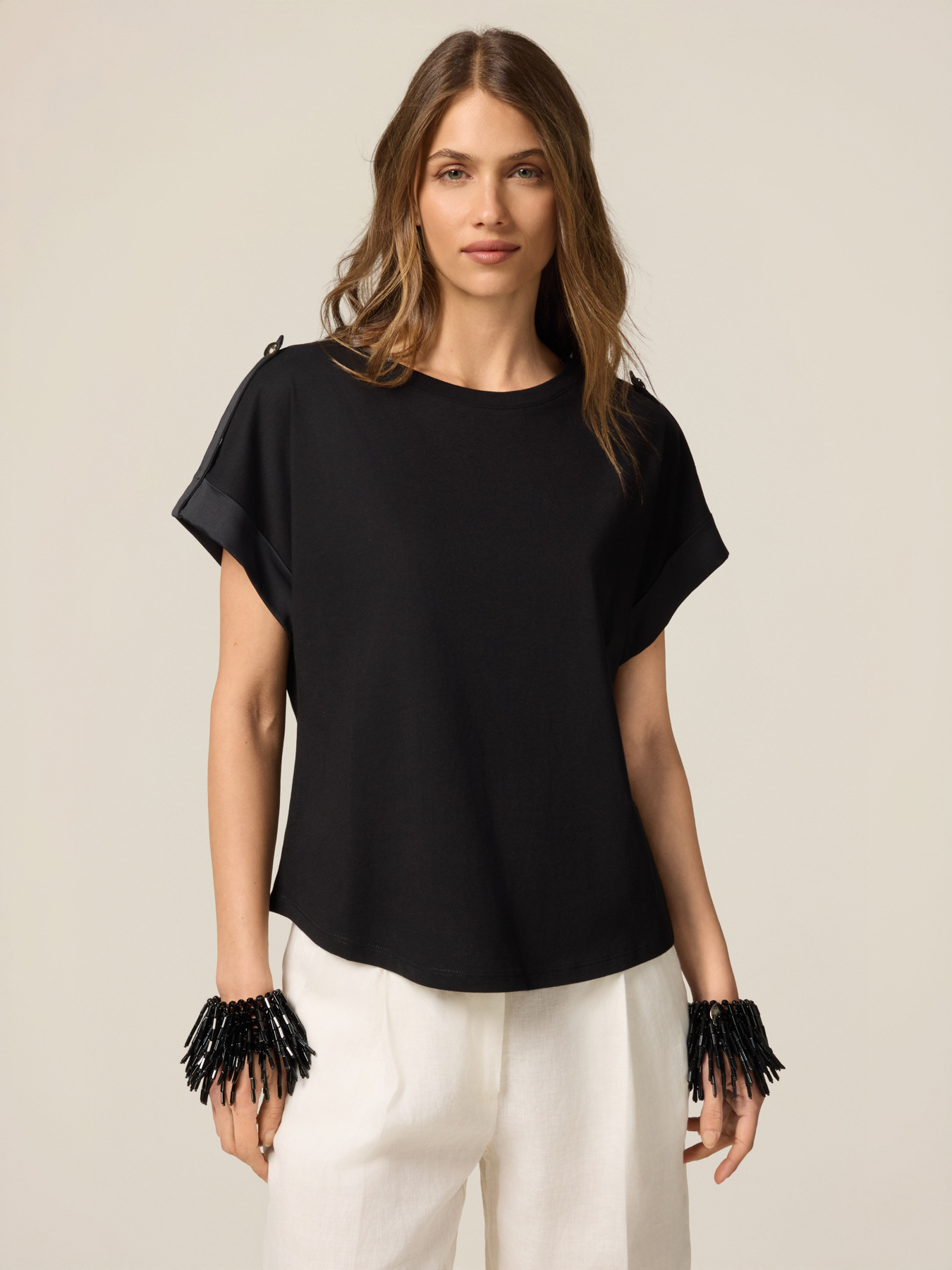 T-shirt in jersey con profili in raso image number 0