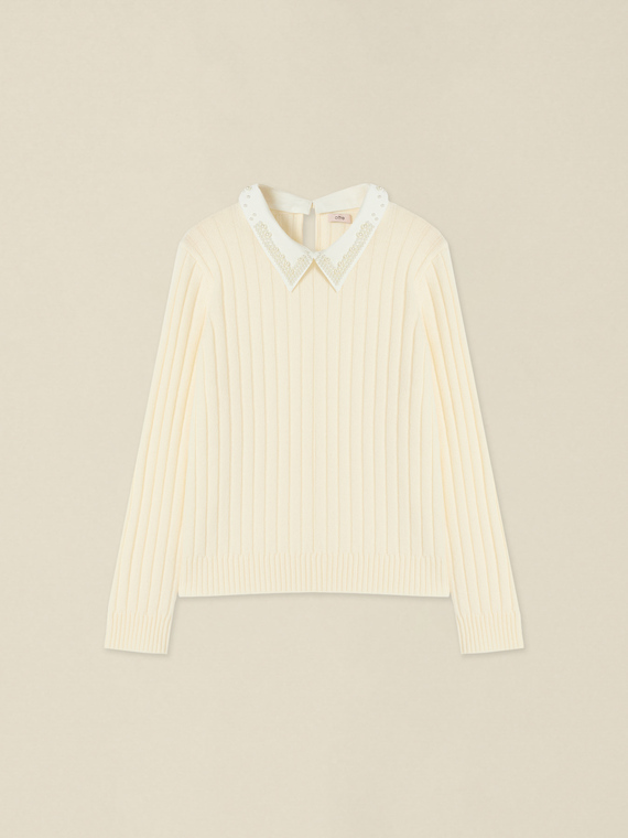 Wool-blend sweater with jewel collar