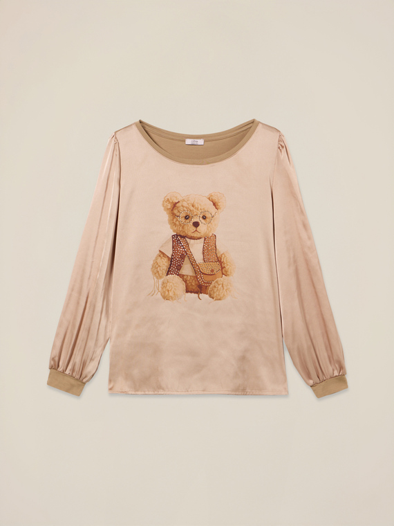 Bi-material t-shirt with print and appliqu&eacute;s