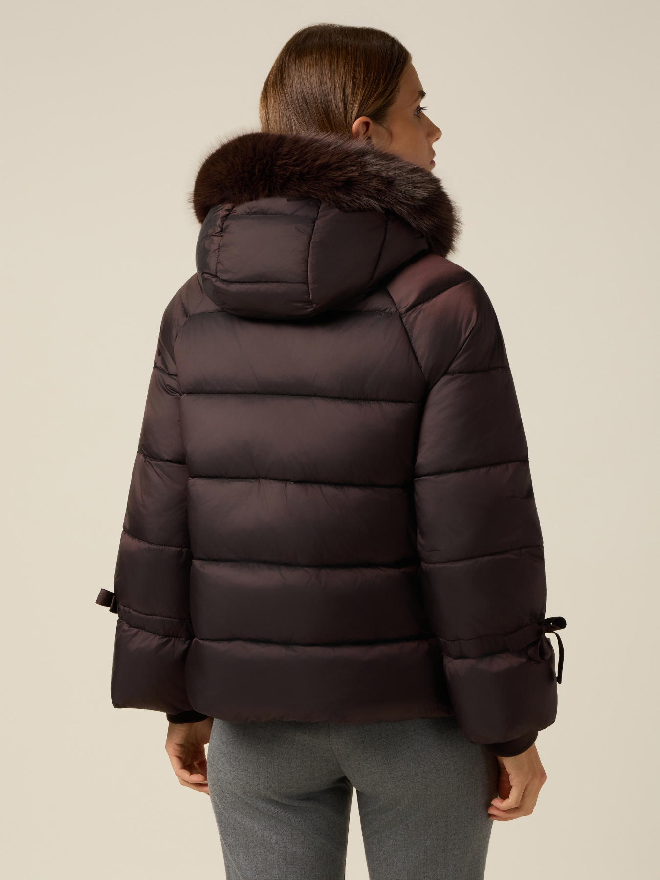 Down jacket with hood and furry trim image number 1