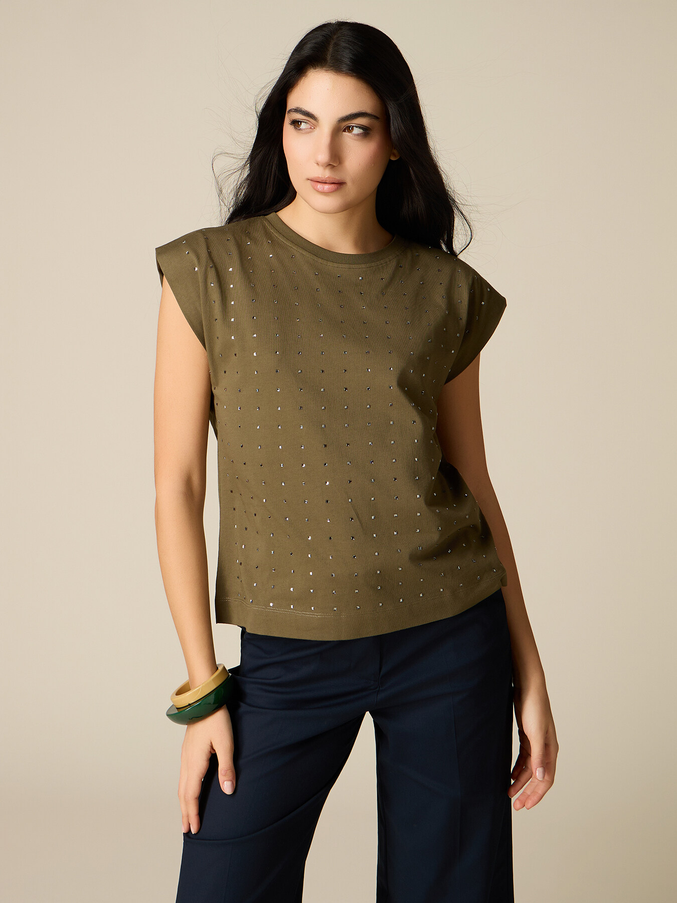 Tricou din bumbac cu cristale image number 0