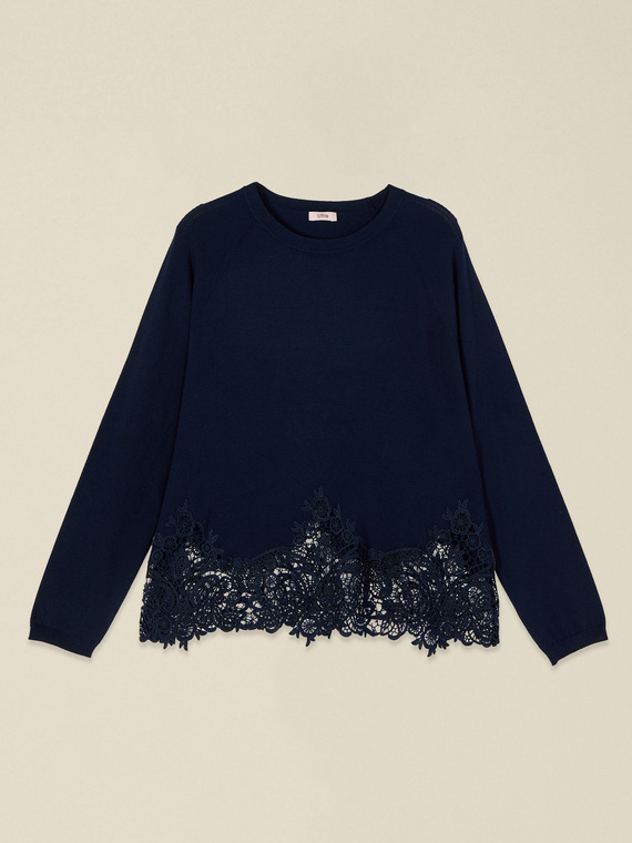 Viscose blend sweater with lace insert