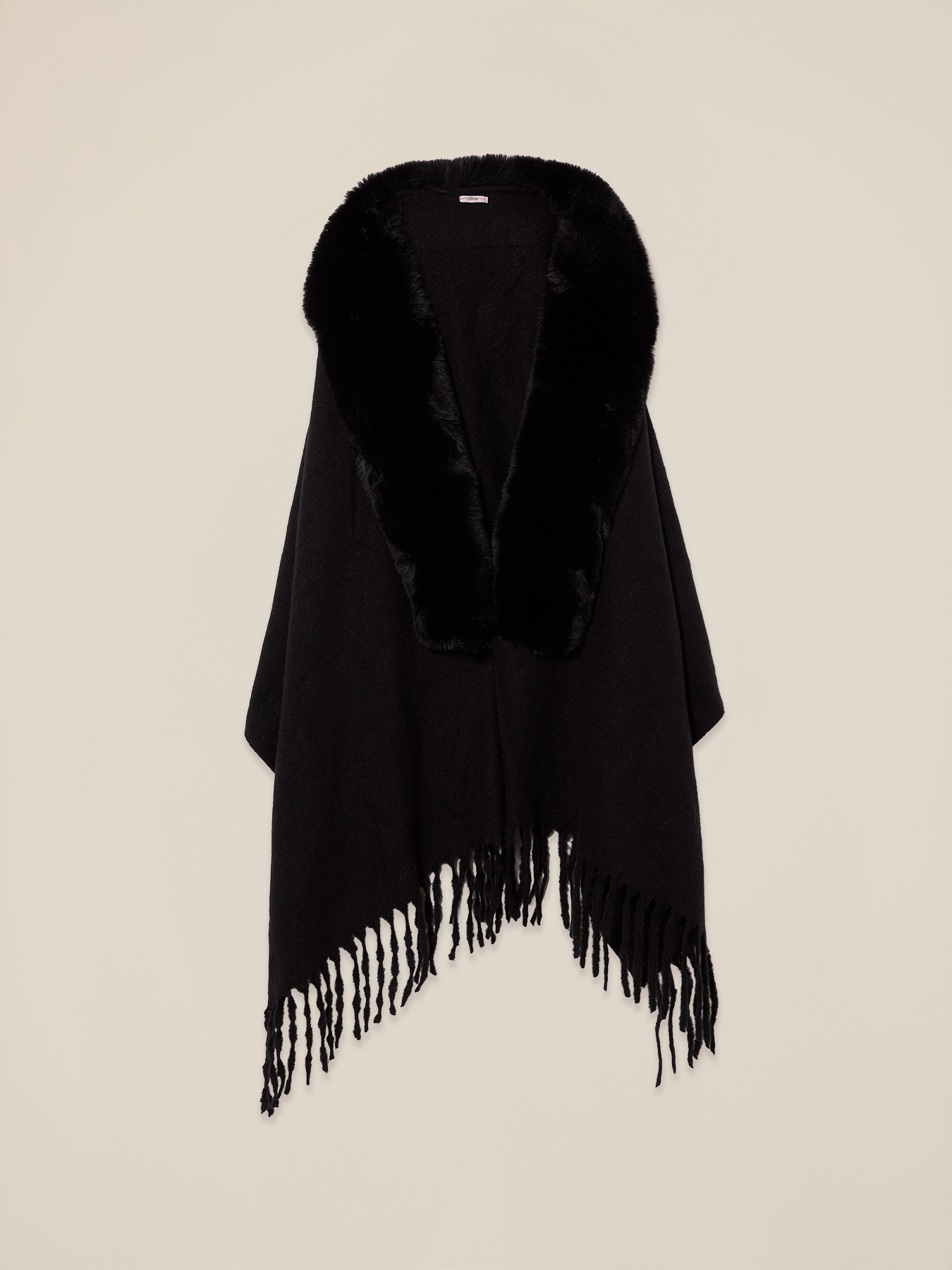 Poncho with fringes and plush trim image number 1