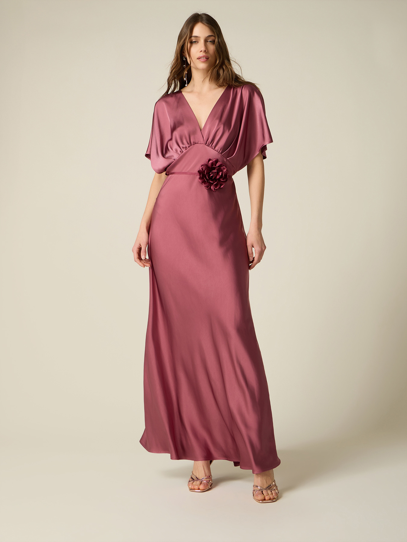 Rochie lungă din satin cu aplicație florală image number 0