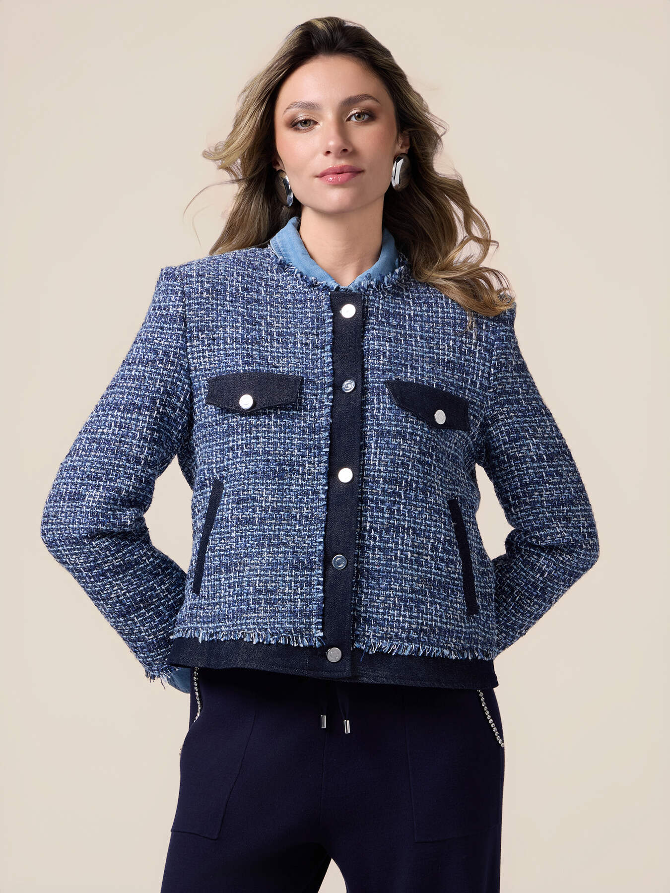 Giacca in tweed con dettagli in denim image number 0