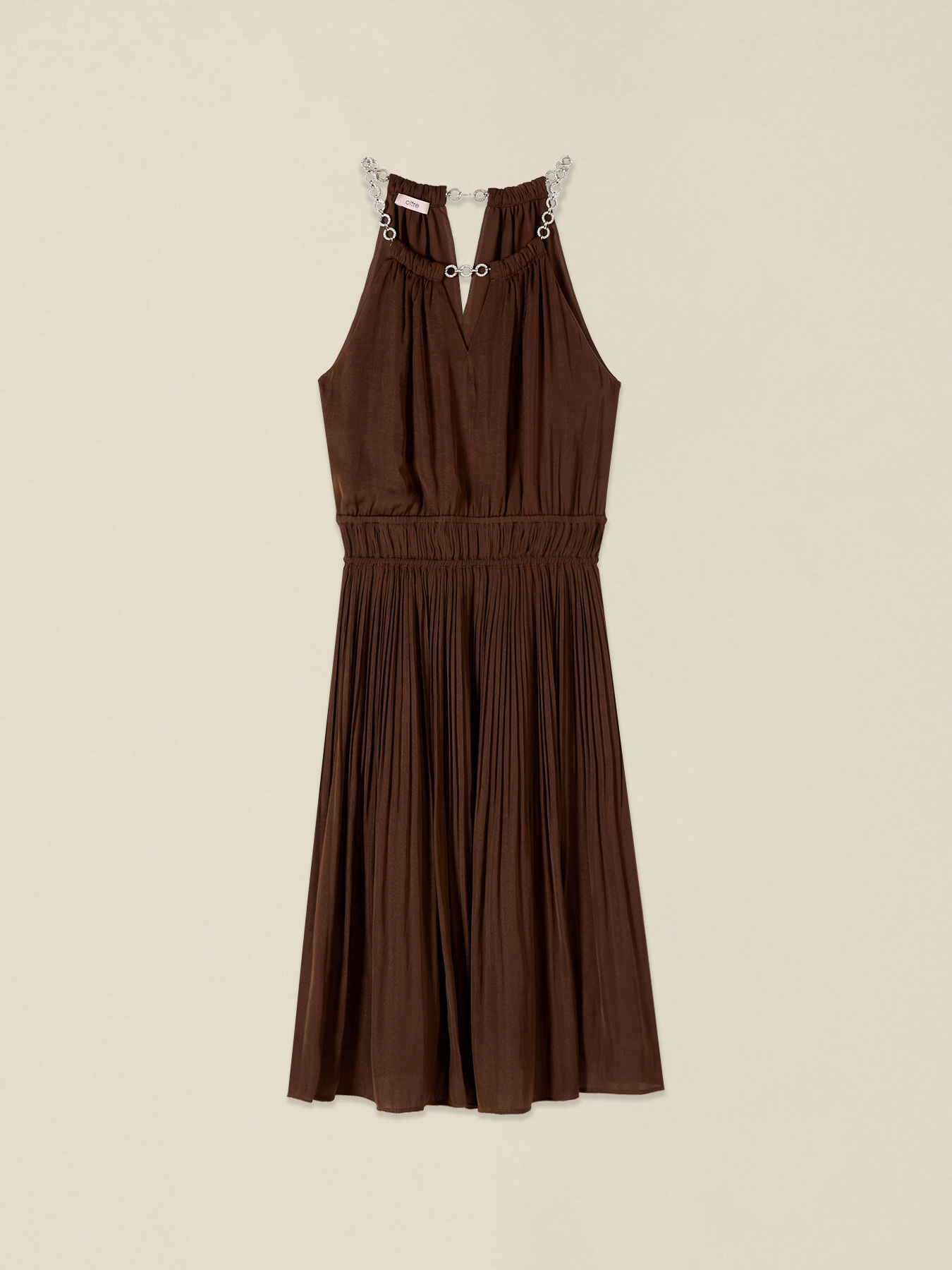 Flare satin dress with jewel necklace image number 3