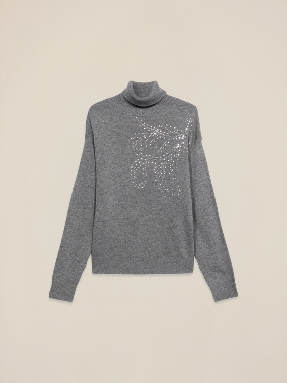 Turtleneck sweater in cashmere blend with rhinestones