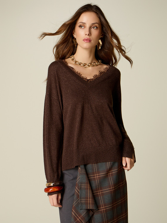 Lurex wool-blend knit top with lace