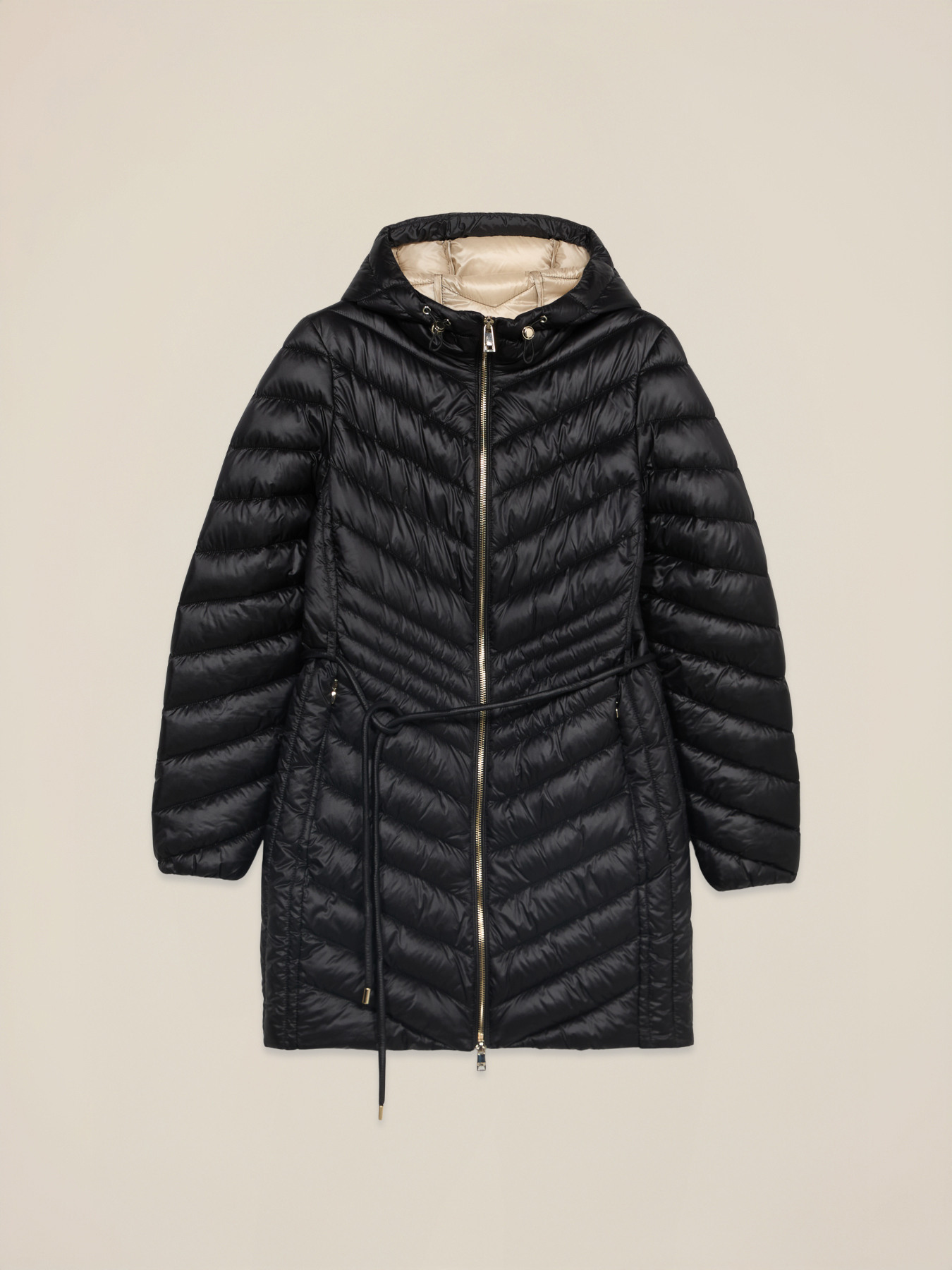 Mid-length hooded down jacket with belt image number 4