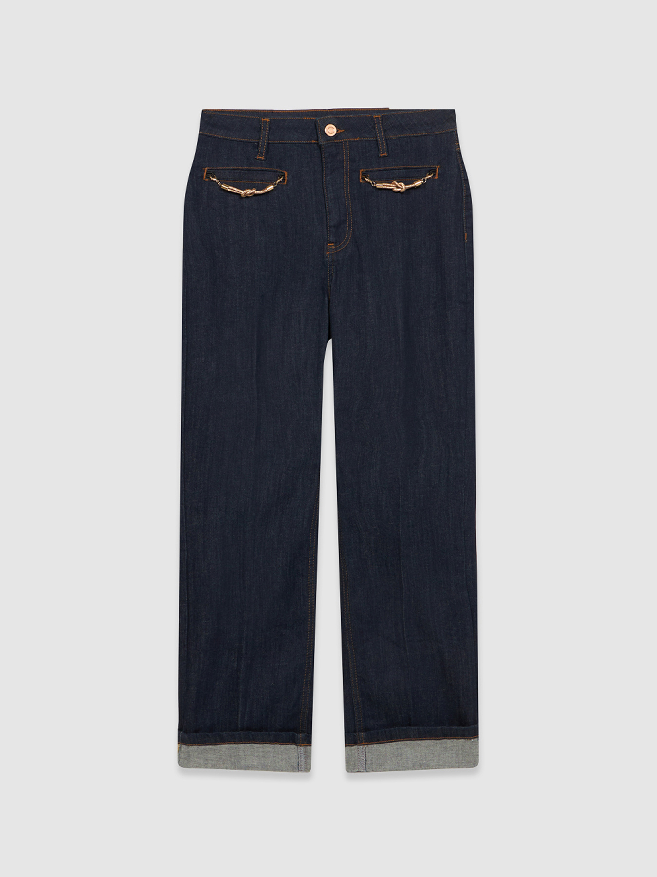 Dunkle Cropped Jeans mit Kettendetails image number 4