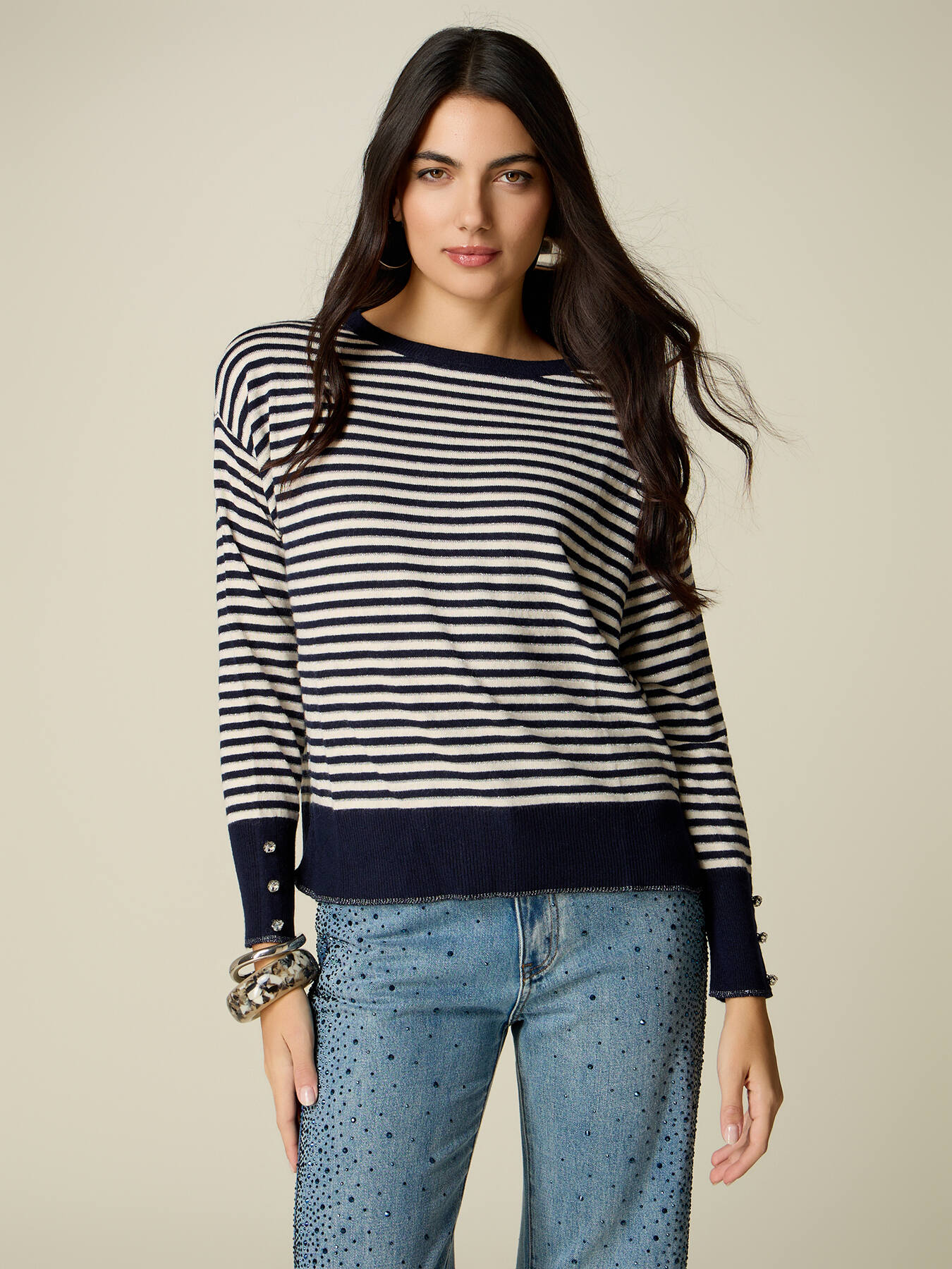 Striped cashmere-blend sweater with jewel buttons image number 0