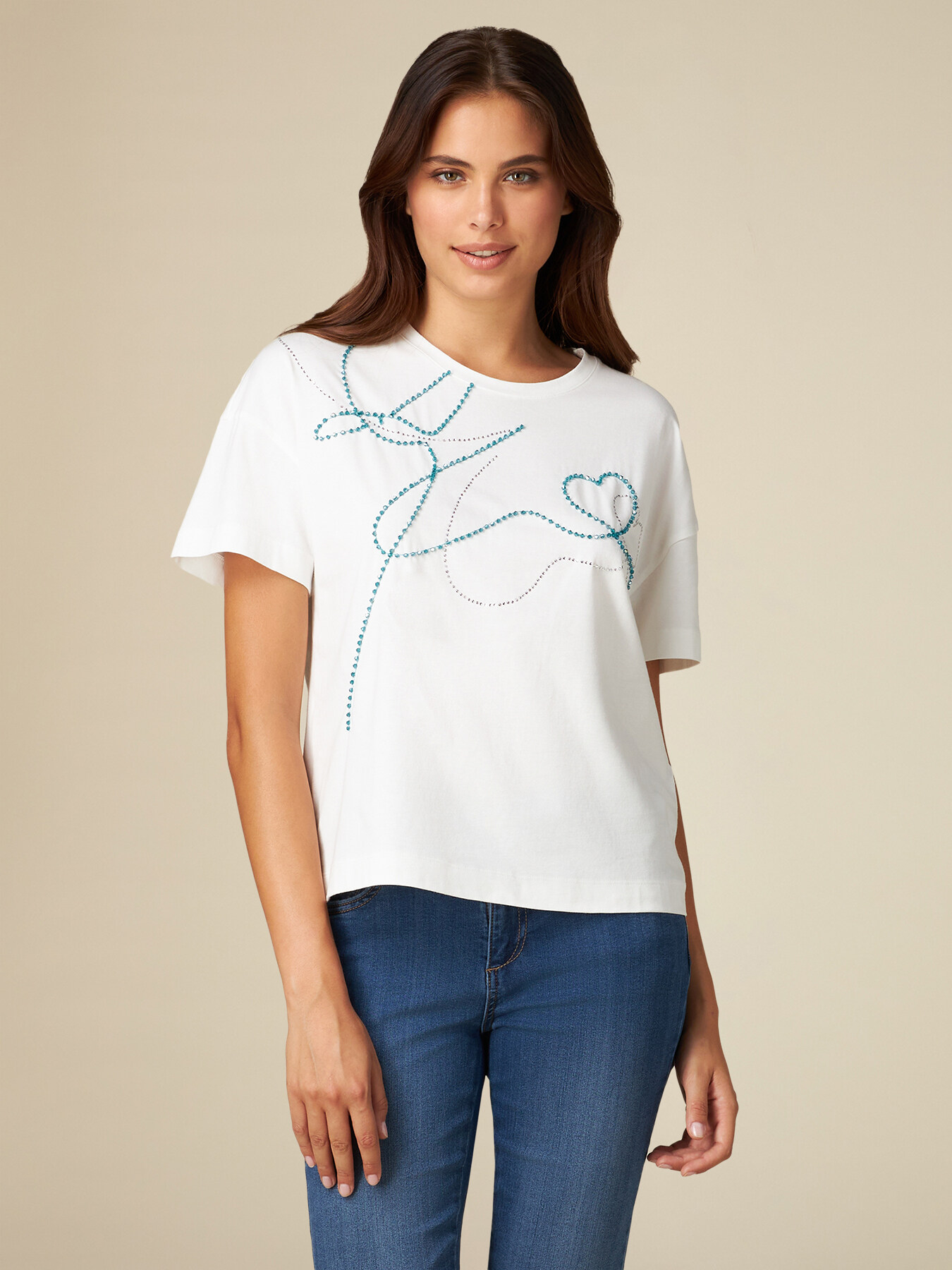 T-shirt con ricamo di perline e borchie image number 0
