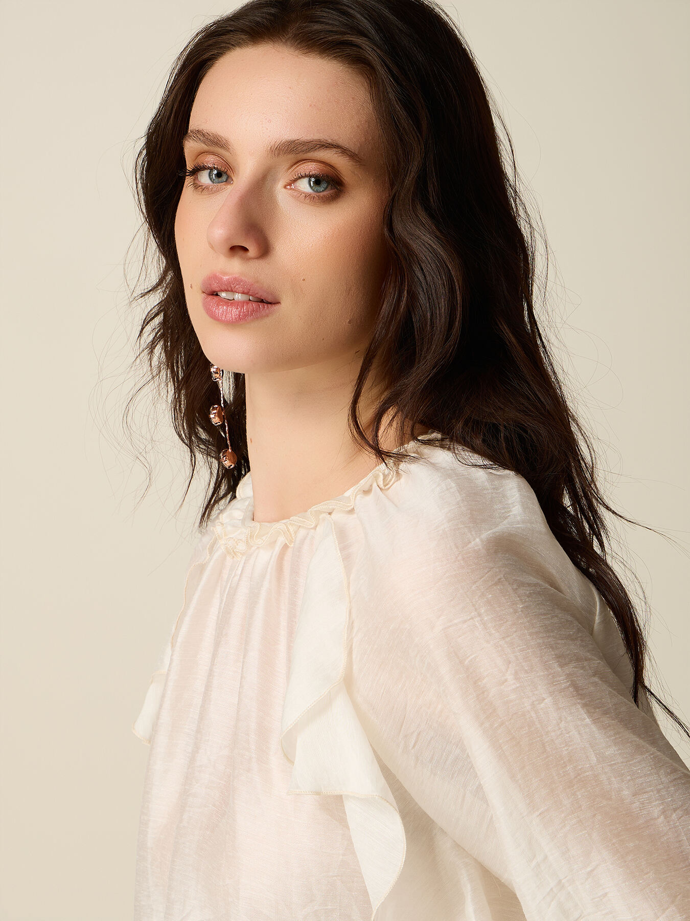 Bluză din voal din amestec de in cu volane image number 2