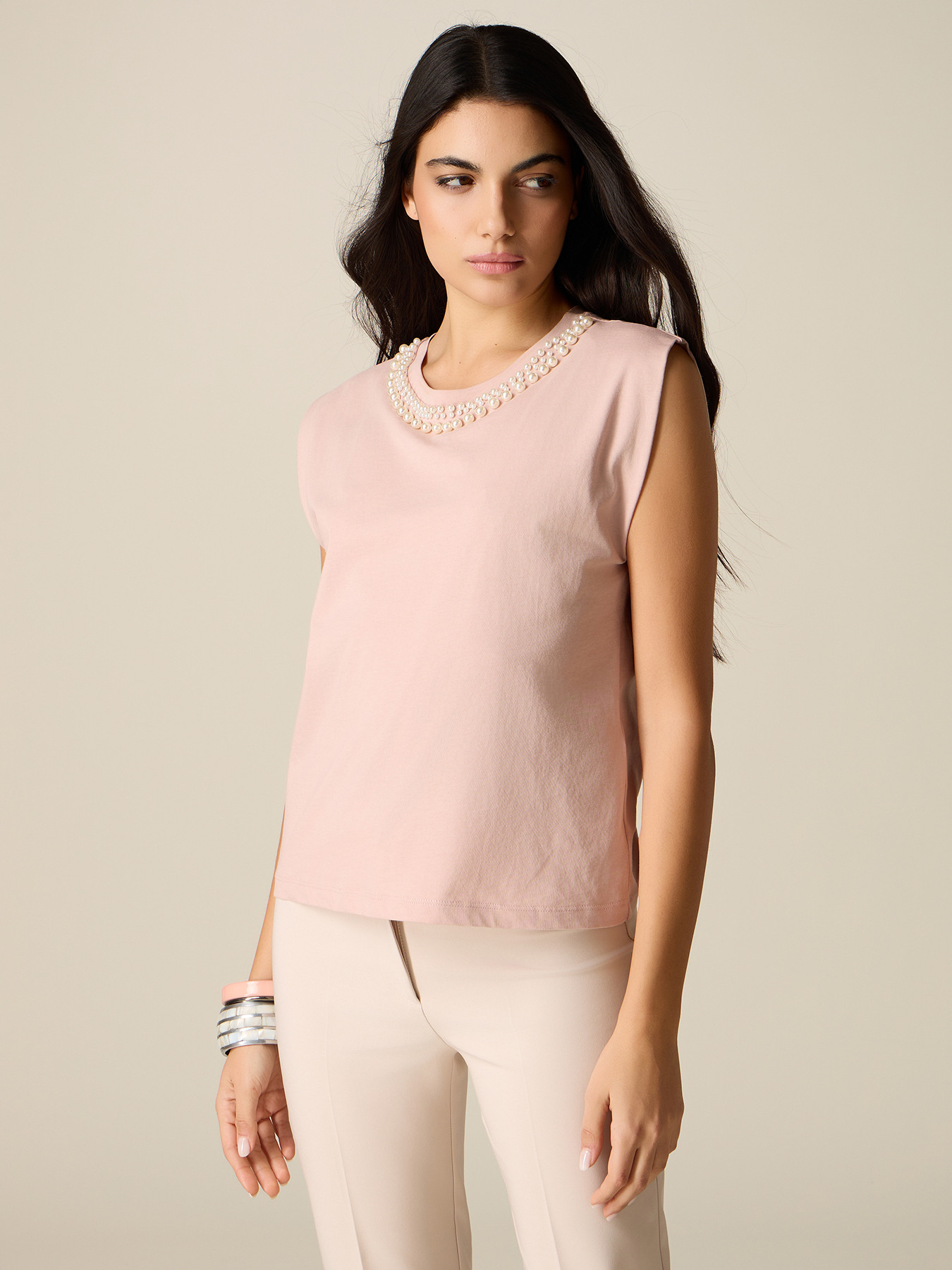Cotton t-shirt with pearls image number 0