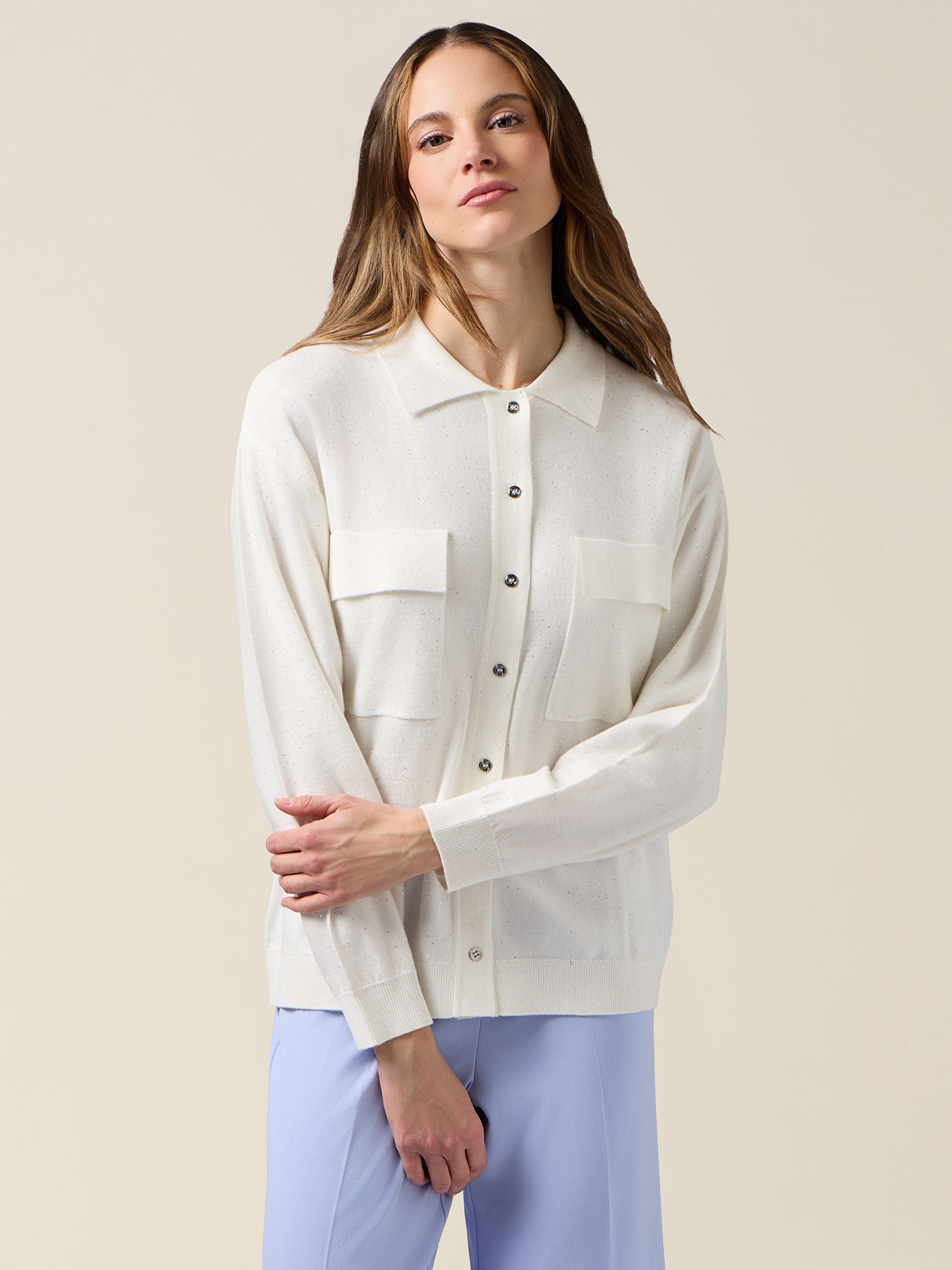 Cardigan effetto camicia in maglia con micro paillettes image number 0