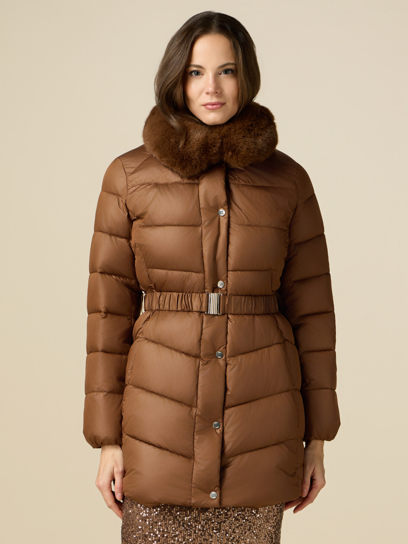 Midi down jacket with belt and furry collar image number 0