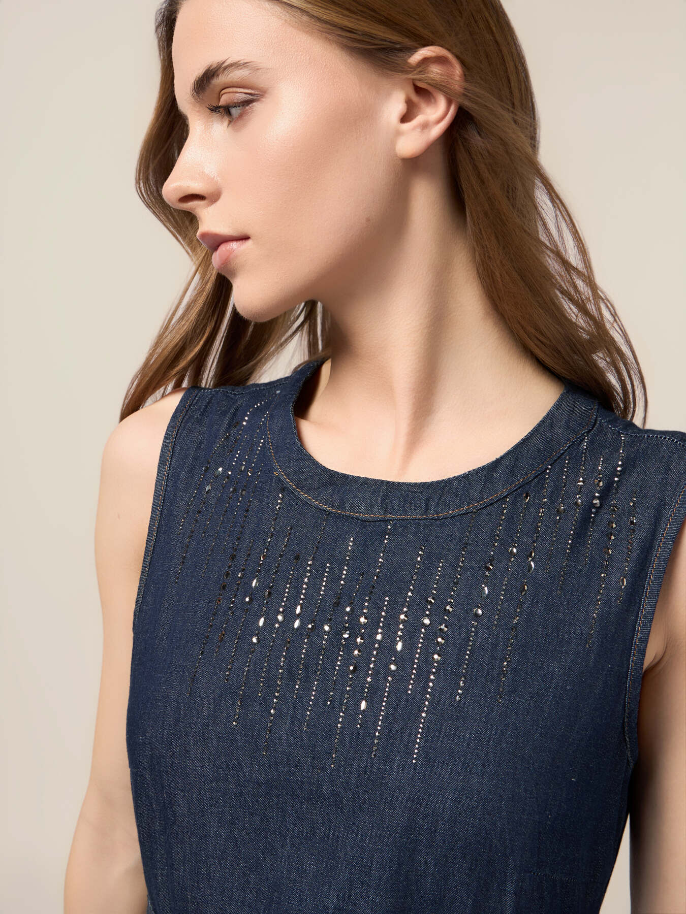 Rochie lungă din denim cu micro cristale image number 2