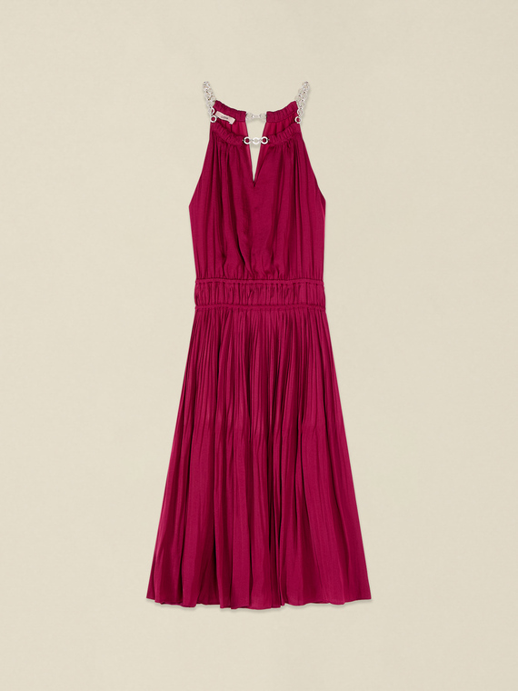 Flare satin dress with jewel necklace