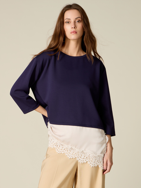 Sweatshirt aus Scuba mit Spitzeneinsatz